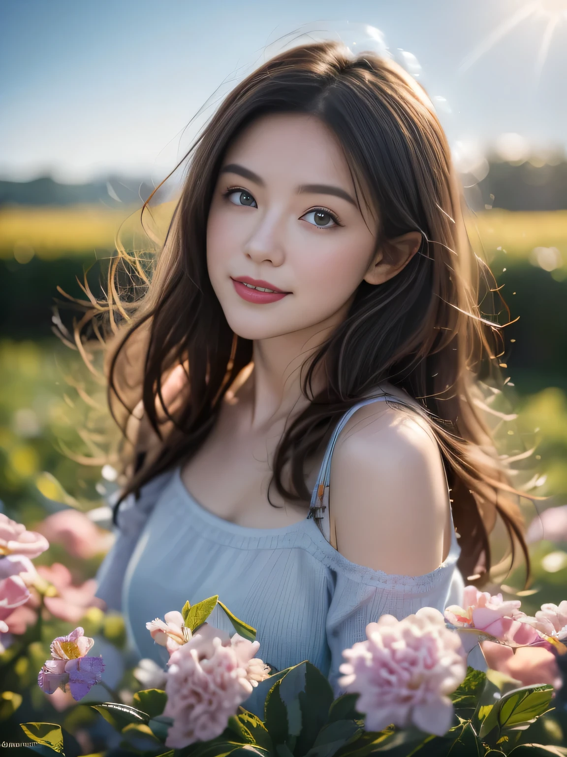 Pictures of a sunny day, Only the scenery of flowers in full bloom, Fields of flowers, nobody, No animals, Vibrant childlike innocence, Art style, cartoon, artistic, Pastel color palette, Flowers blown by the wind, brightness, Amazing photography, Soft lighting, Light background, Realistic photos, Very detailed, 4K, high resolution, Ultra-thin and sharp,  high quality, Unique, Beautiful colors, 3d rendering,  