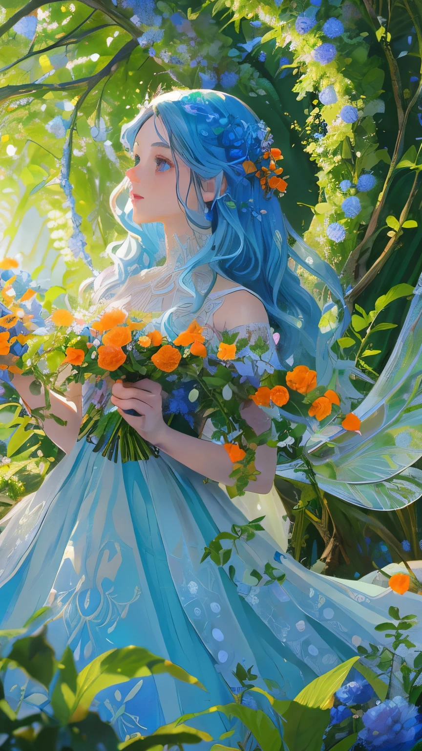 A fantastical fairy in a summer garden, detailed face, beautiful eyes and lips, long eyelashes, flowing hair, ethereal dress, sunlight filtering through trees, glowing colors, lush greenery, vibrant blue and orange flowers, ornate architecture in the background, high quality, ultra-detailed, realistic, masterpiece, concept art