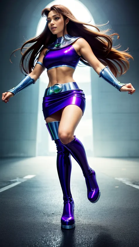 ((Full body photo, standing, feet on the floor)) Starfire from DC comics, (best quality,4k,8k,highres,masterpiece:1.2),ultra-det...
