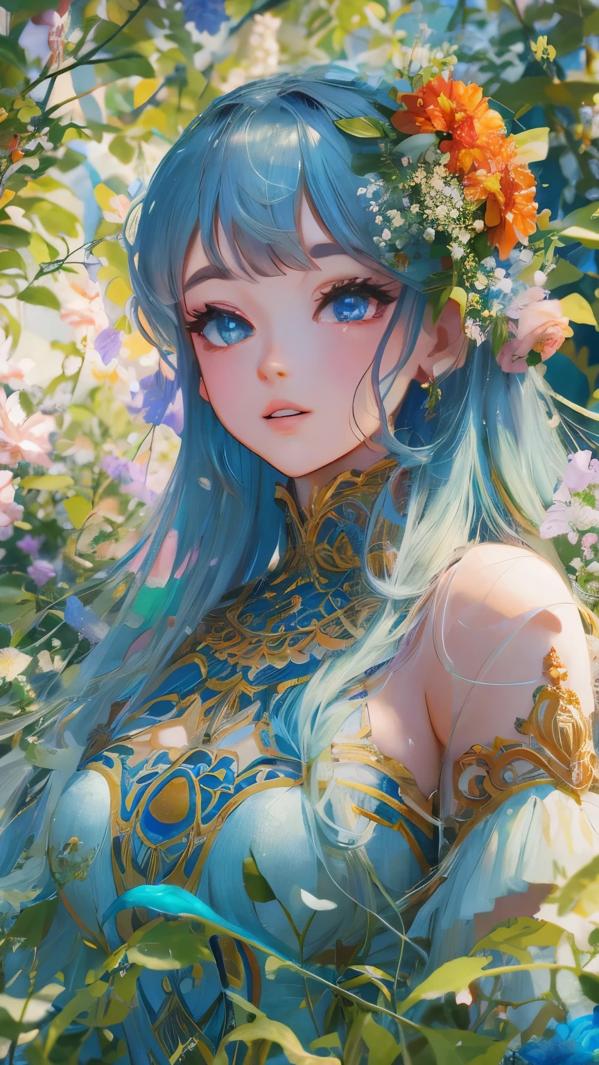 A fantastical fairy in a summer garden, detailed face, beautiful eyes and lips, long eyelashes, flowing hair, ethereal dress, sunlight filtering through trees, glowing colors, lush greenery, vibrant blue and orange flowers, ornate architecture in the background, high quality, ultra-detailed, realistic, masterpiece, concept art