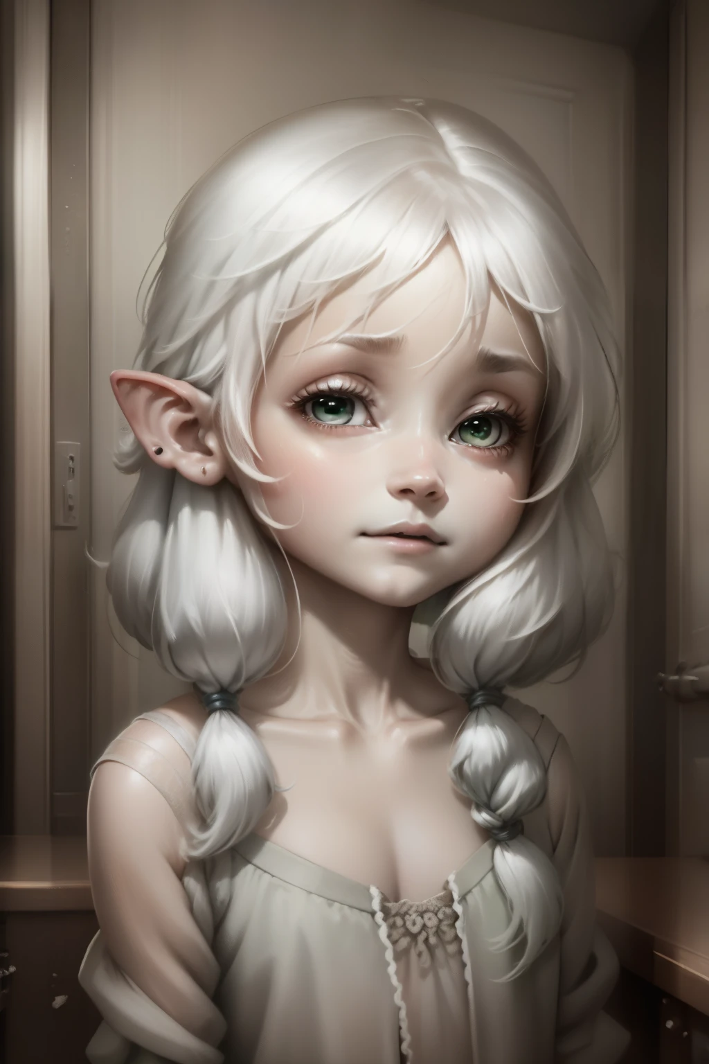 É uma pintura de tirar o fôlego apresentada em forma de arte digital. A pintura retrata uma elfa feminina bonita e elegante com cabelos brancos, garota anime com cabelos brancos e olhos verdes com vestido branco, personagem elfo com uma risada, elfa feminina bonita e elegante, retrato muito bonito de uma fada, ela está cheia de fadas. Com orelhas compridas e uma aparência fofa e charmosa, a elfa feminina tem a pele branca, exalando um temperamento extraordinário que dá às pessoas uma sensação surreal. A obra apresenta extremo realismo e é tão cativante quanto uma boneca de porcelana fofa.