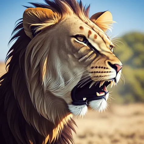 a realistic portrait of a majestic lion with his mane blowing in the wind.