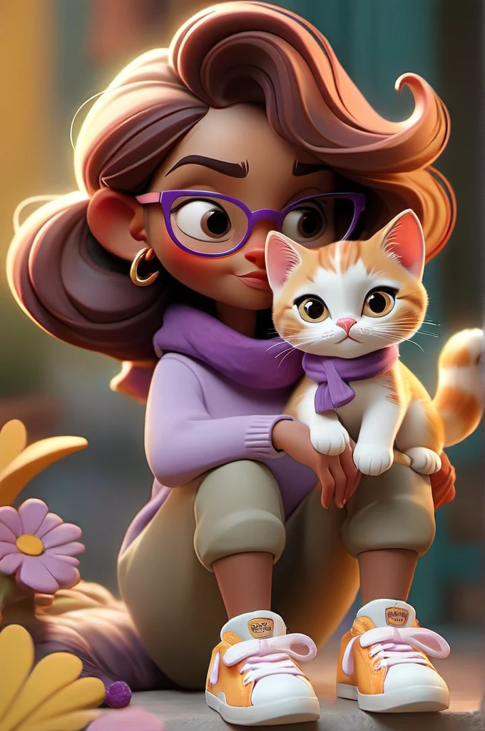 ((更好的质量)), ((艺术品)), (详细的), A stunning high-quality 8K cartoon 插图 featuring a charming  and her adorable kitten. 小猫, 有着迷人的白色和橙色皮毛, 戴着华丽的花朵头带，并系着可爱的紫色和黄色的围巾, 搭配时尚运动鞋. 那位女孩, 穿着粉色和紫色的连身衣, 戴着眼镜和运动鞋, 她开朗的表情和俏皮的举止体现了她的冒险精神. 背景散发着金色光芒，散发出梦幻而温馨的氛围, 增强场景的魔幻氛围. 复杂的细节, 鲜艳的色彩, and professional finish of this 3D 插图 make it truly captivating, 让观众沉浸在这对迷人二人组的动画世界中., 插图