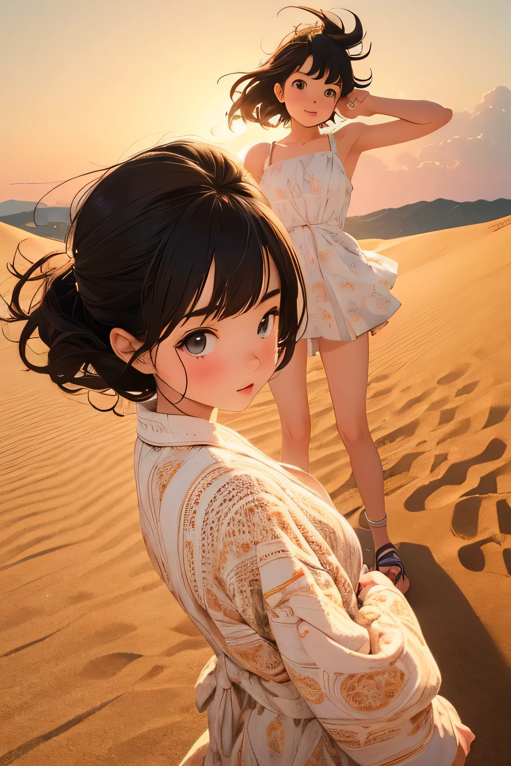 (шедевр, высшее качество:1.1), (Стиль Попарт),плоский цвет,(двух девушек),милое лицо,подросток,Желаю хорошей поездки,(Песчаные дюны Тоттори)，Япония, красивые детализированные пейзажи, красивое освещение,очень счастлив,динамичная поза,портретная фотография, острый,Иллюстрация：нечитаемый,