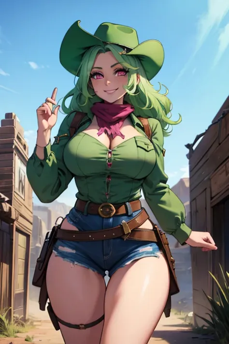 perfect face, perfect hands. a light green haired female cowgirl with pink eyes and an hourglass figure in a conservative cowgir...