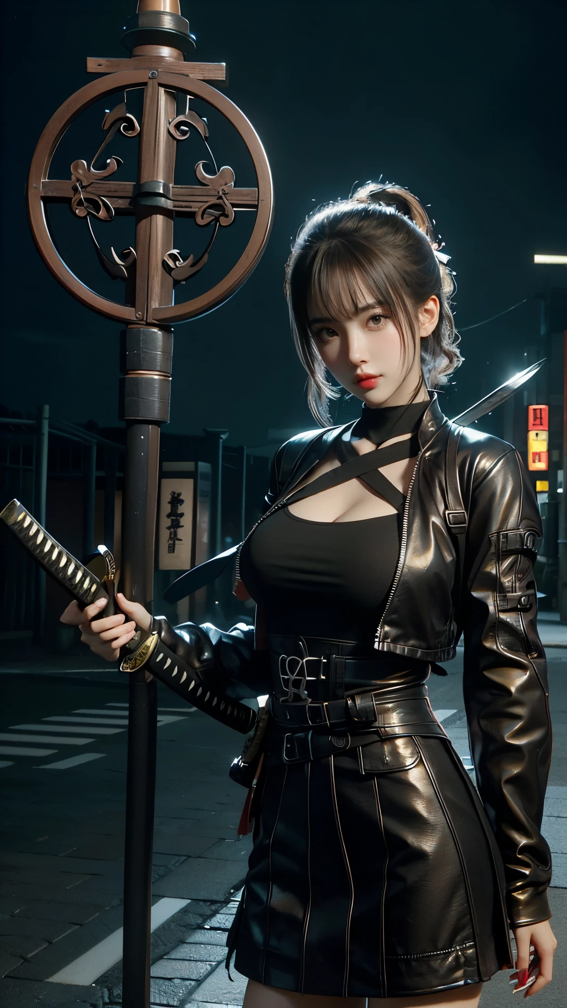 1girl,Tokyo Street,night,cityscape,facial details,city lights,half body view,big ,cleavage,8k,RAW photo,best quality,masterpiece,realistic,photo-realistic,best quality,masterpiece,very high resolution  , (photorealistic:1.3 ), 8K, raw photo, 1girl, ninja armor, outdoors, old Japanese town, from below, (holding katana:1.2), katana, ninja girl, natural skin texture, samurai, skin pores  , natural skin texture, dynamic pose, film grain, 