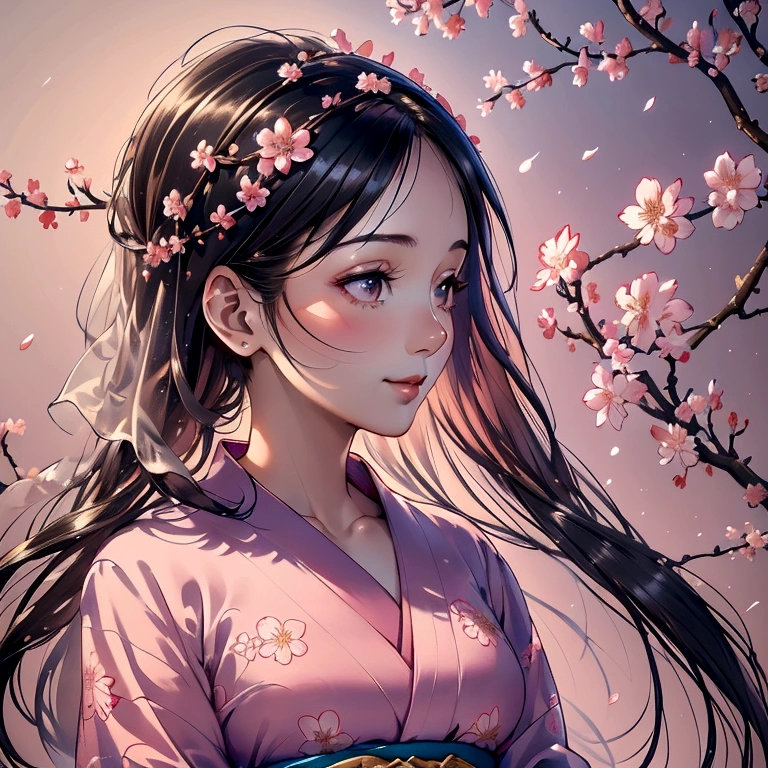 ortrait of a charming young Asian woman with a natural, fresh-faced beauty. She has bright, expressive eyes and a genuine, warm smile. Her long, silky black hair falls in soft waves, with a few strands gently framing her face. She's wearing a light pink yukata with subtle cherry blossom patterns, the fabric draping naturally. In her hands, she holds a set of traditional tarot cards. The background features real cherry blossom branches in soft focus, with some petals floating in the air. Warm, soft lighting creates a gentle glow on her skin and highlights the textures of her clothing and surroundings. The scene has a peaceful, serene atmosphere with a soft pink color palette, balancing realism with a touch of romantic charm.