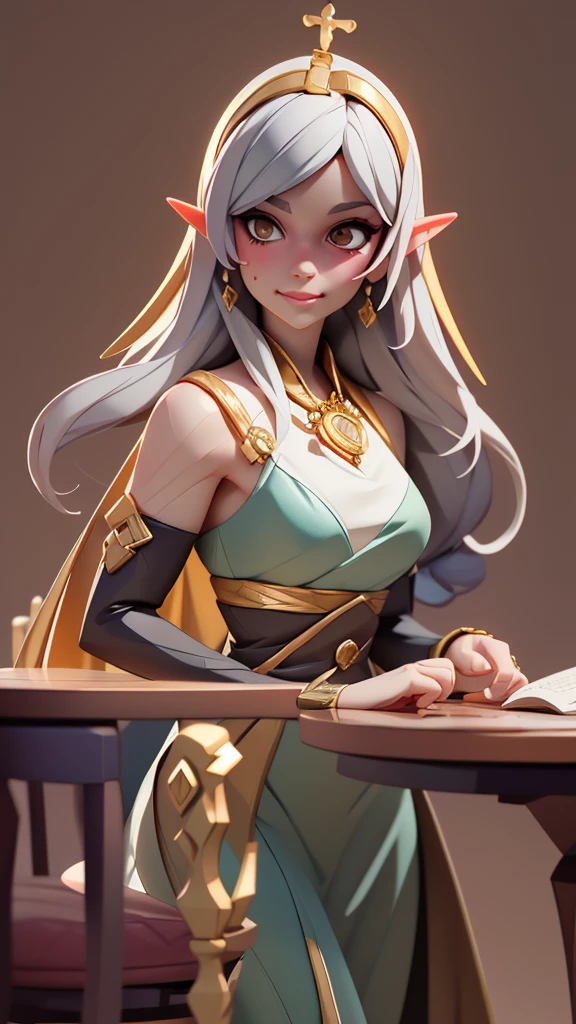 Highest quality,masterpiece,masterpiece portrait,Intricate details,Magnificent Light,Fantasy,Dungeons & dragon,Retro,priest,Dark Elf,One girl,Wooden table,Shoulder strap,Grey Skin,Elegant smile,squint,Close-up portrait of a Mycenaean Drow woman wearing gold jewelry, Spider:0.9, web:1.0, Fantasy, Volumetric lighting, コンセプトart, Brush Stroke Style, artステーション, trend, Very detailed, art：Greg Rutkowski  