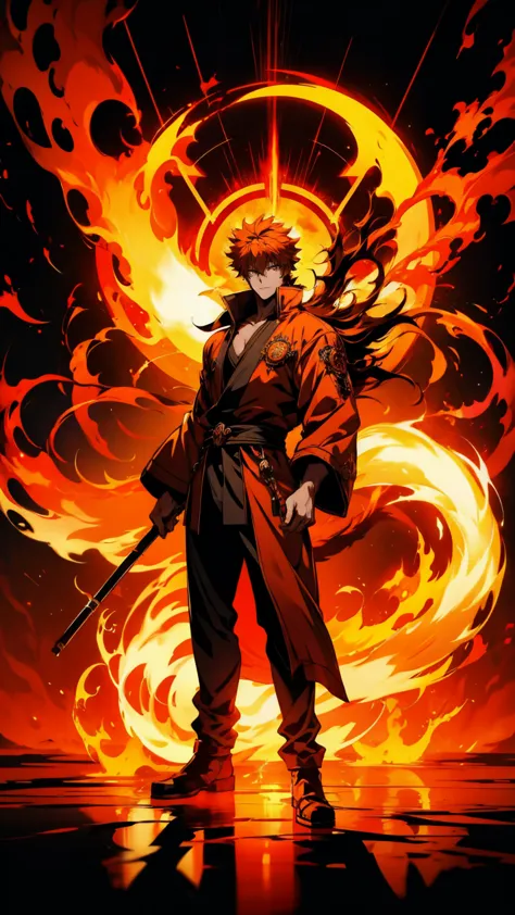 anime character with fire and flames in the background, Burning hell, fire!! whole body, Nine-Tailed Fox, Anime Wallpaper, hd An...