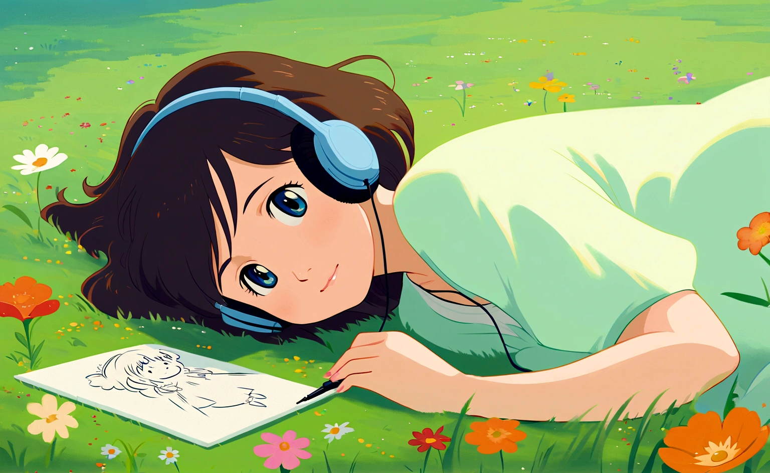 a cute girl lying on the grass in a meadow full of beautiful flowers, simple, drawing, listening to music, Studio Ghibli style, grass sway to the side, ghibli studio inspired, whimsical, airy, calm, serene, chill, ghibli, anime, ethereal