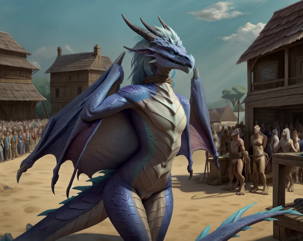 an extremely talented impressionist painting of mature AurothDOTA wyvern in aravic slave market, tents, crowd in hats, masterpiece, best quality, ultra-high-detailed, feral, female, quadripedal, detailed scales, slim body, athletic, curvy, light blue mane, uploaded on e621, nsfw, questionable content, scalie, wings, wyvern, small breats, flat chested, beaten, legs together, legs tied together tightly, bdsm, bound, restrained, arms behind back,(((rope))),ripples, tied up, rope, tally marks on belly, broken rape victim, standing, head put through stocks, focus on face, angry expression, angry face, fury, dragon slave