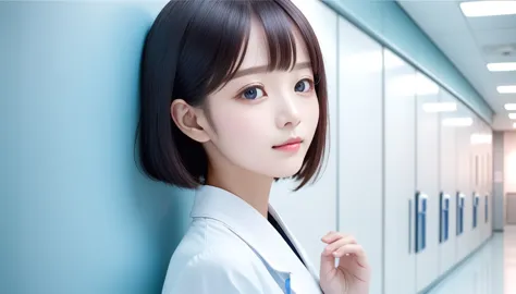 wall close-up photography,　take a photo straight-on facing the wall.　 in the clinic of the future、there&#39;s a sci-fi monitor。b...