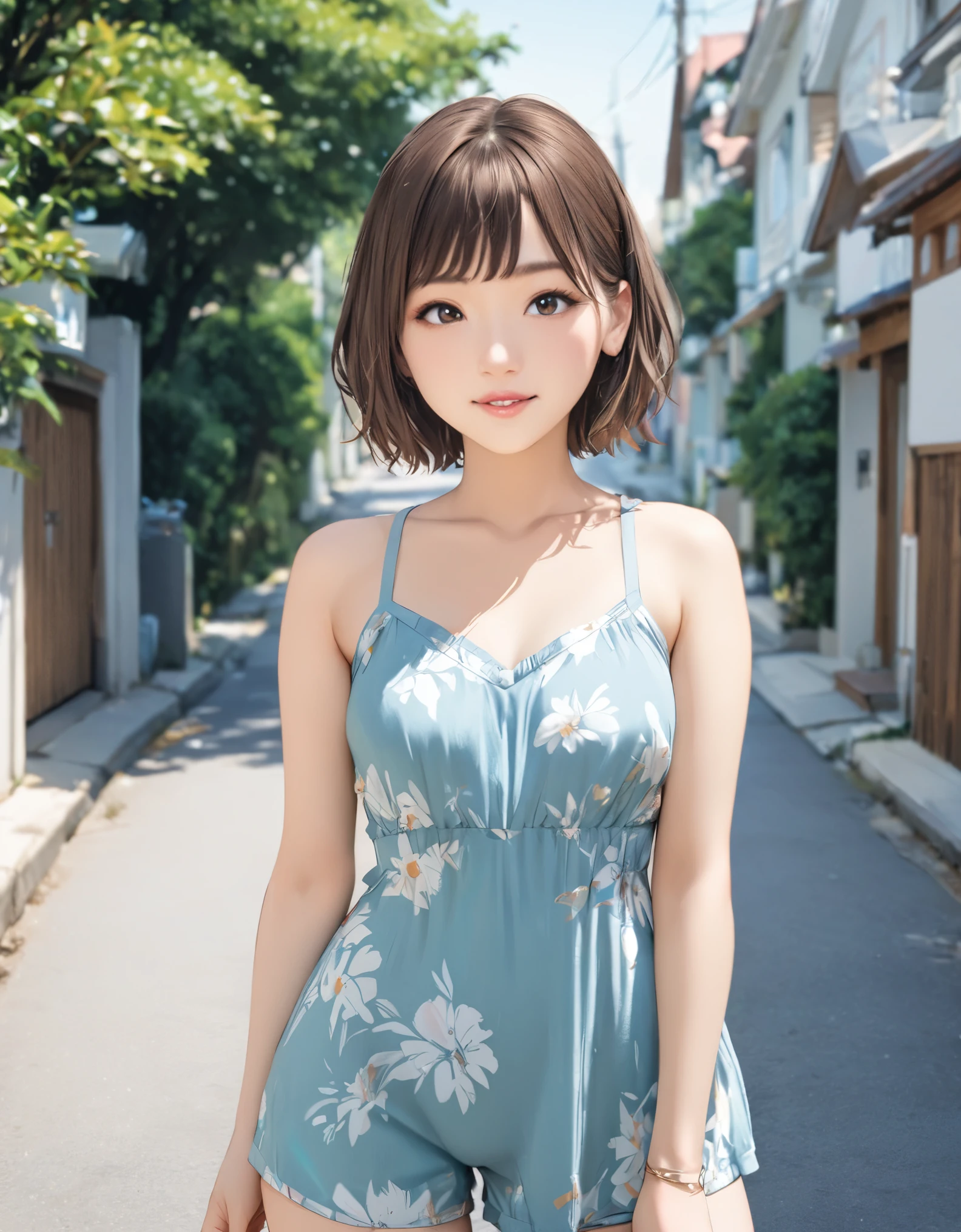 (best quality:1.2), 1girl, Residential Street, summer, cowboy shot, shoot from front