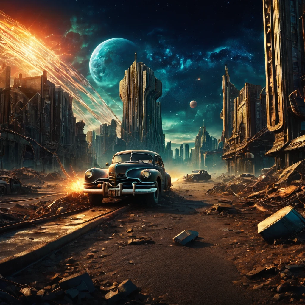 (best quality, high resolution, Extremely sharp), magic, Wasteland of Doom , City, car, people, On the curvature of post-apocalyptic spacetime, In the dark night, Art Deco, tangled, 3d crunch, Movie, Extreme post-apocalyptic landscape