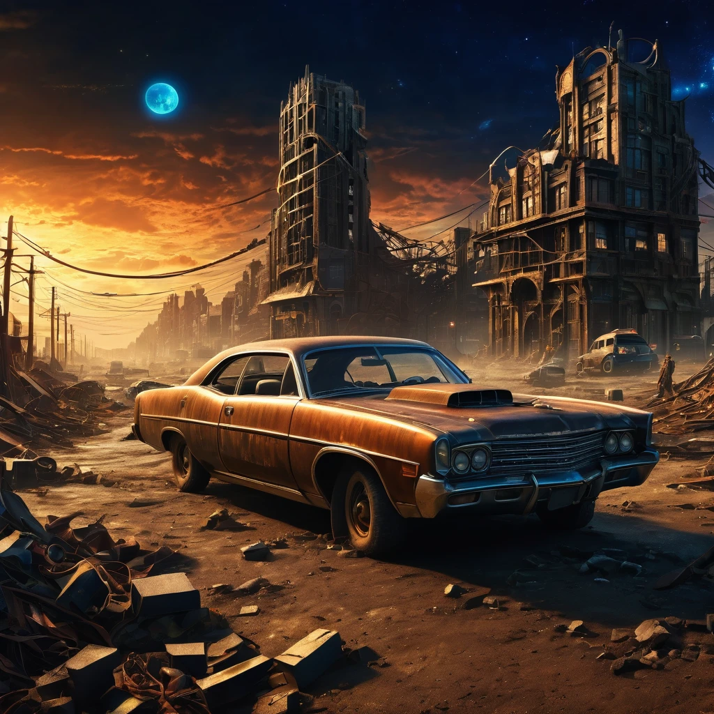 (best quality, high resolution, Extremely sharp), magic, Wasteland of Doom , City, car, people, On the curvature of post-apocalyptic spacetime, In the dark night, Art Deco, tangled, 3d crunch, Movie, Extreme post-apocalyptic landscape