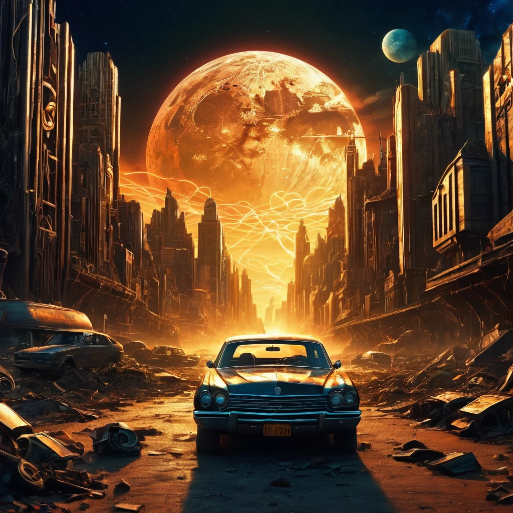 (best quality, high resolution, Extremely sharp), magic, Wasteland of Doom , City, car, people, On the curvature of post-apocalyptic spacetime, In the dark night, Art Deco, tangled, 3d crunch, Movie, Extreme post-apocalyptic landscape