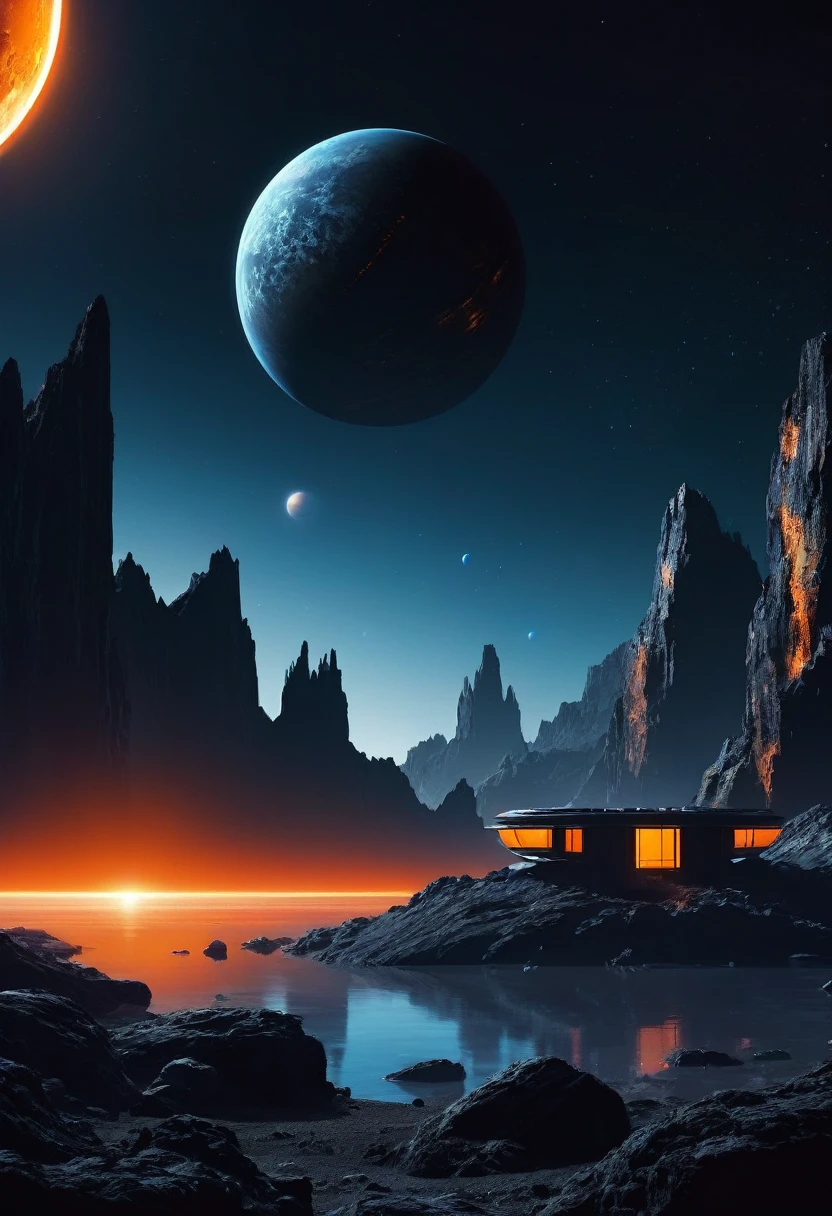 create a view of two dark gray rocky planets superimposed in dark night space, seen from the orange surface of a mountainous PLANET with dark blue water surface, cyberpunk style at night in the distance, has a wide, low building, has a dark gray research station, with illuminated windows embedded in the rock,  space is dark and you can only see the silhouette of one side of the planets through the dense atmosphere, total dark, dark horizon, penumbra, as realistic as possible, the sun is out of the picture, has a horizontal building with illuminated windows, This&#39;a small-scale building on the rock, dark and eerie scientific facility, there is a river of liquid lead reflecting everything around it, crossing the mountains