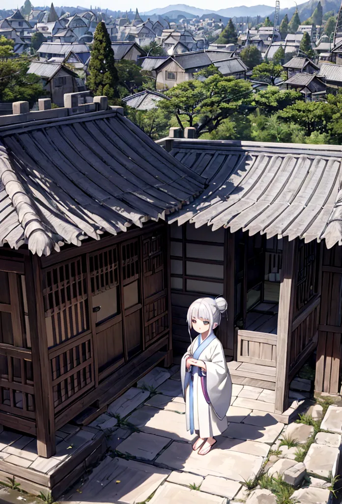 An image of a wise elder named Hana in a small, ancient village, with silver hair tied in a bun, wearing a simple but elegant ro...