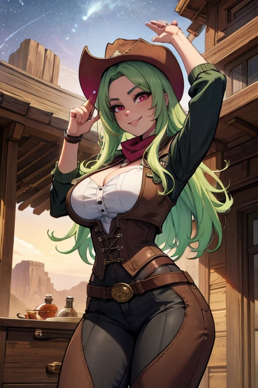 Perfect face, perfect hands. A light green haired female cowgirl with pink eyes and an hourglass figure in a conservative cowgirl outfit is watching the stars on the roof of a wild west home with a big smile