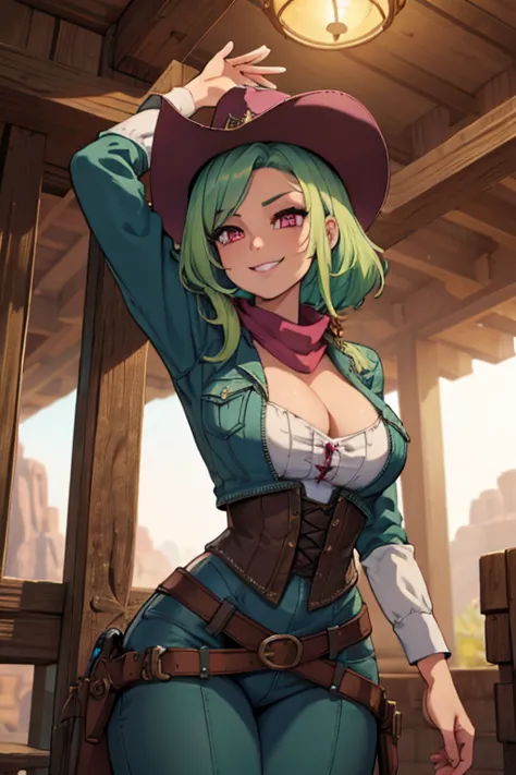 perfect face, perfect hands. a light green haired female cowgirl with pink eyes and an hourglass figure in a conservative cowgir...