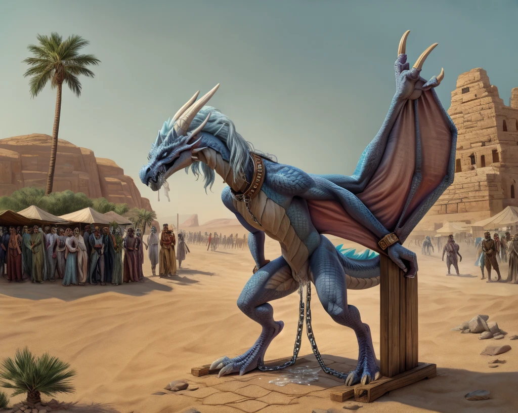 an extremely talented impressionist painting of mature AurothDOTA wyvern in arabic slave market, desert background, palm trees, standing on wide wooden platform wtih other slaves, crowd in arabic hats, masterpiece, best quality, ultra-high-detailed, feral, female, quadripedal, detailed scales, slim body, athletic, curvy, light blue mane, uploaded on e621, nsfw, questionable content, scalie, wings, wyvern, small breats, flat chested, beaten, legs chained together tightly, bdsm, collar, chain, cuffs, metal collar, cuff2collar, restrained, tally marks on belly, broken rape victim, standing, head put through stocks, focus on face, angry expression, angry face, fury, dragon slave, showing cum in mouth, cum running down legs, ass, from behind