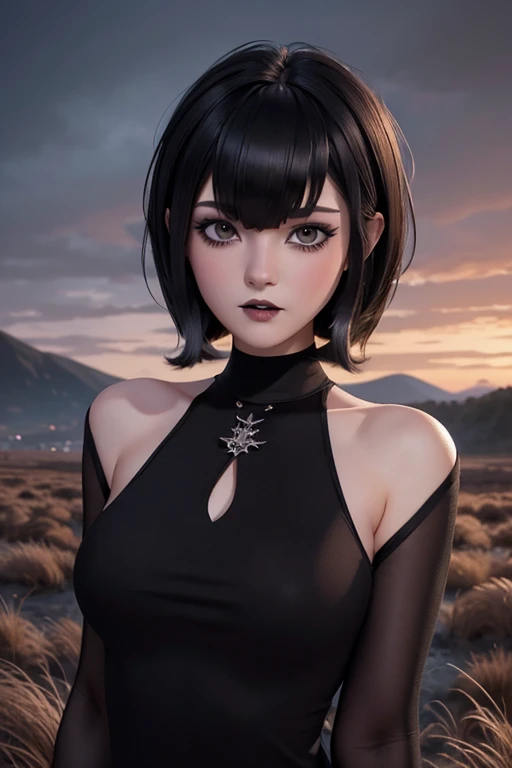 Pretty woman proportional to age, slim body extra large oppais short black hair with bob style bangs gothic makeup, perfect detailed 12k landscape photography fanart 