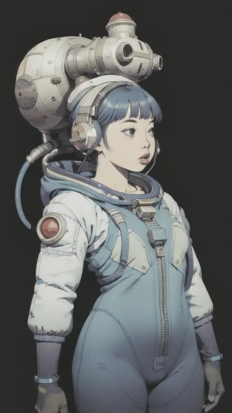 monochromatic、girl、asian、moderate bust、simple background、retro space suit、slender、