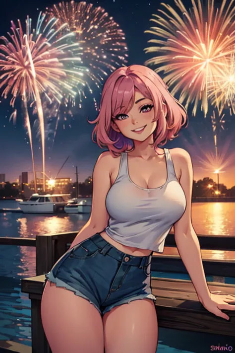 A pink haired woman with violet eyes with an hourglass figure in a cute tank top and shorts is watching fireworks on the dock wi...