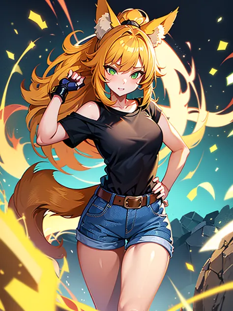 Sexy young furry girl with fox ears, orange skin, green eyes, yellow hair with ponytail and big bangs, tight white and blue shir...