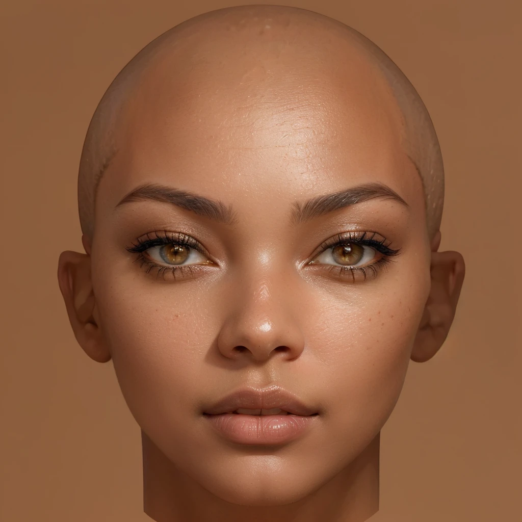 a close up of a woman with a bald head and a brown background, with very highly detailed face, highly detailed realistic face, detailed realistic face, natural face, skin with glam light, realistic beautiful face, beautiful realistic face, brown skin