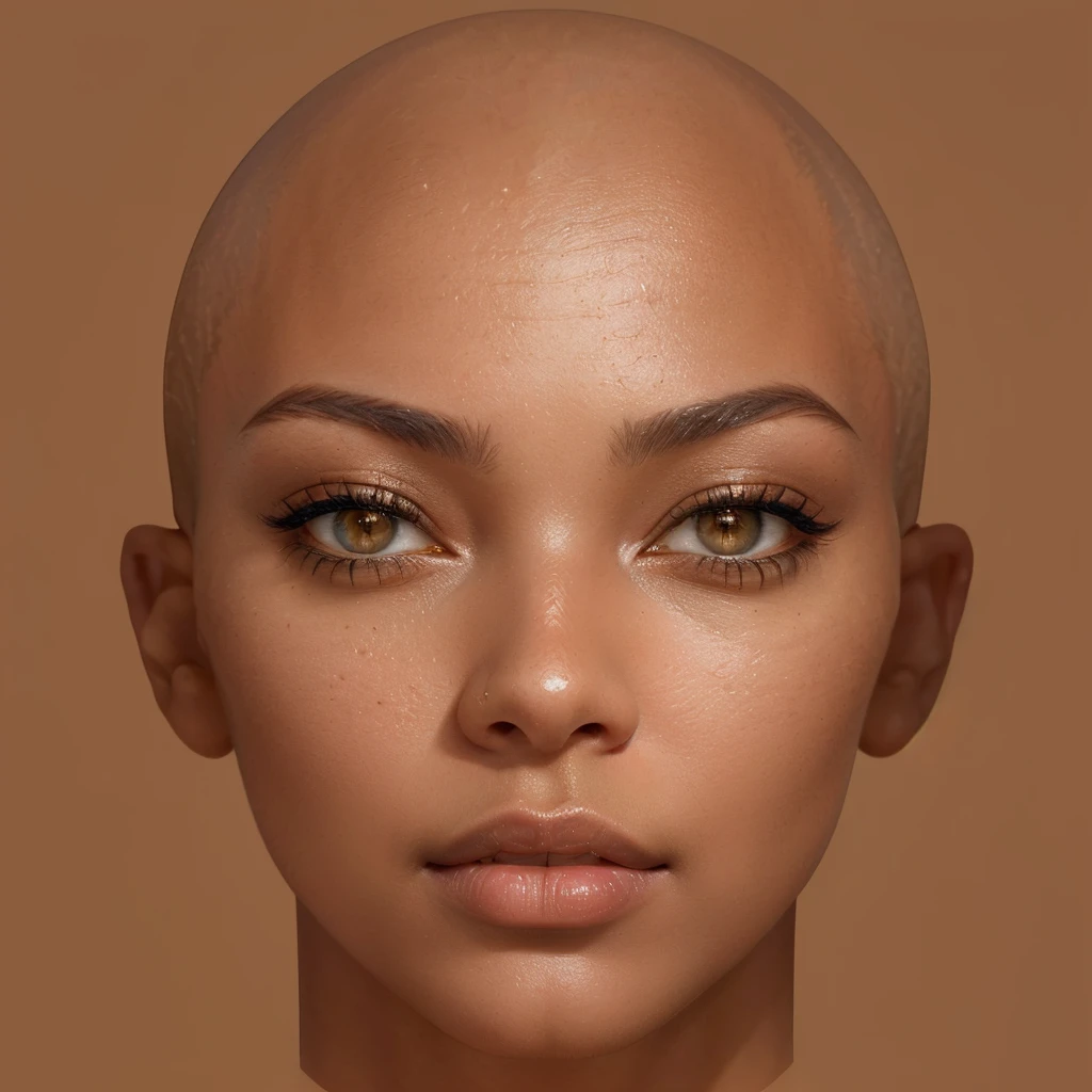 um close up de uma mulher com uma cabeça careca e um fundo marrom, com rosto muito detalhado, highly rosto realista detalhado, rosto realista detalhado, rosto natural, pele com glam light, lindo rosto realista, lindo rosto realista, pele marrom