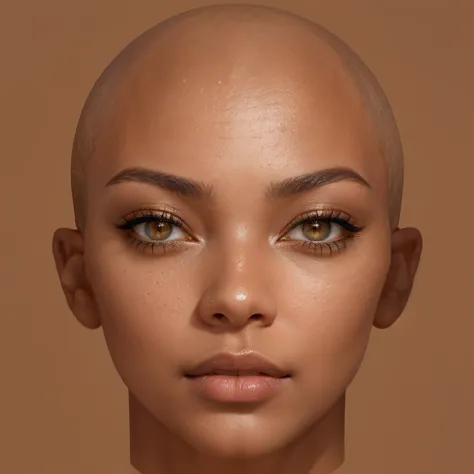 a close up of a woman with a bald head and a brown background, with very highly detailed face, highly detailed realistic face, d...