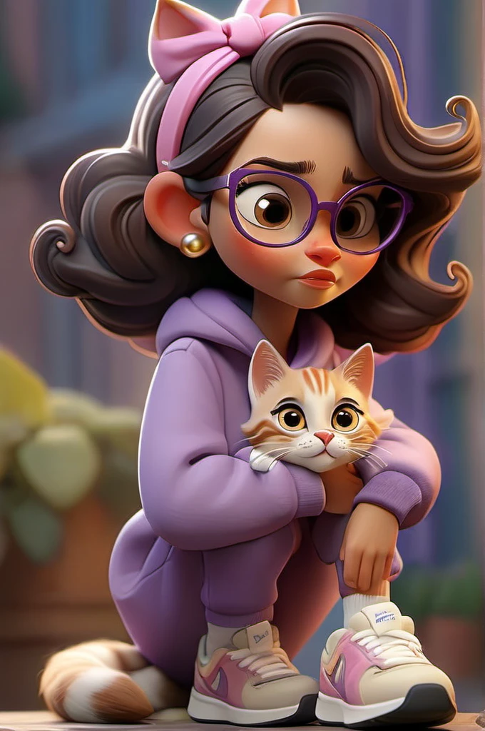 ((best quality)), ((Artwork)), (detailed), A stunning high quality 8K cartoon illustration featuring a charming 10 year old girl and her adorable kitten. ((The kitten is charming and has white and pink fur)), she sports an extravagant flower headband and wears an adorable purple and yellow scarf, accessorized with stylish sneakers. ((The girl has long black hair, slanted brown eyes, wears glasses, dressed in a pink and purple jumpsuit matching her sneakers)), her happy expression and playful demeanor capture her adventurous spirit. The background exudes a dreamy and warm atmosphere with a golden glow, enhancing the magical ambiance of the scene. The intricate details, vibrant colors, and professional finish of this 3D illustration make it truly captivating, immersing viewers in the animated world of this charming duo., illustration