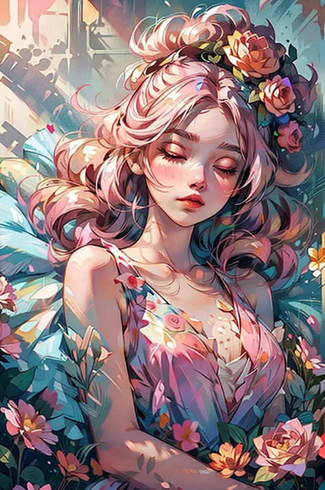 shui001,1girl, solo, flower, dress, blonde hair, closed eyes, pink flower, rose, lying, white dress, pink rose, on back, lips, m...