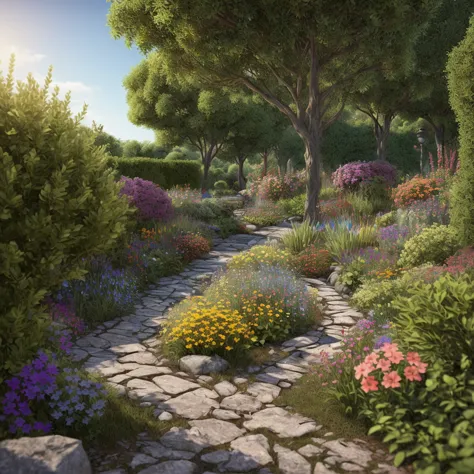 A lush, vibrant garden overrun with zombies, detailed 3D rendering, photorealistic, highly detailed, masterpiece, intricate, dra...
