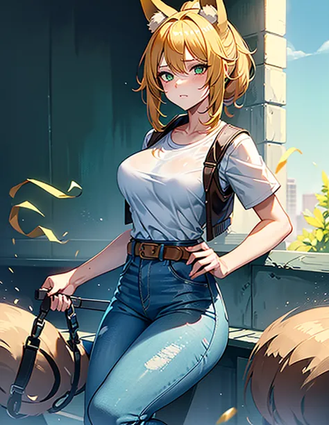 Sexy young girl with fox ears, green eyes, yellow hair with ponytail and big bangs, tight white and blue shirt, and jeans with a...