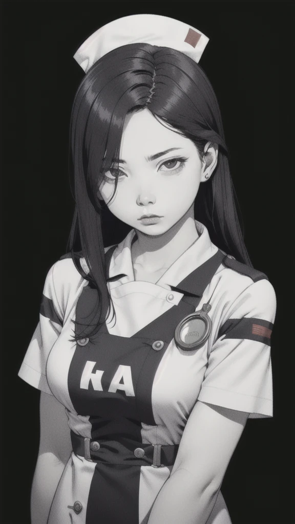 monochromatic、Girl、Asian、Moderate bust、Simple Background、White nurse uniform、Very thin、Long straight black hair、Glaring at the camera、Pale skin、