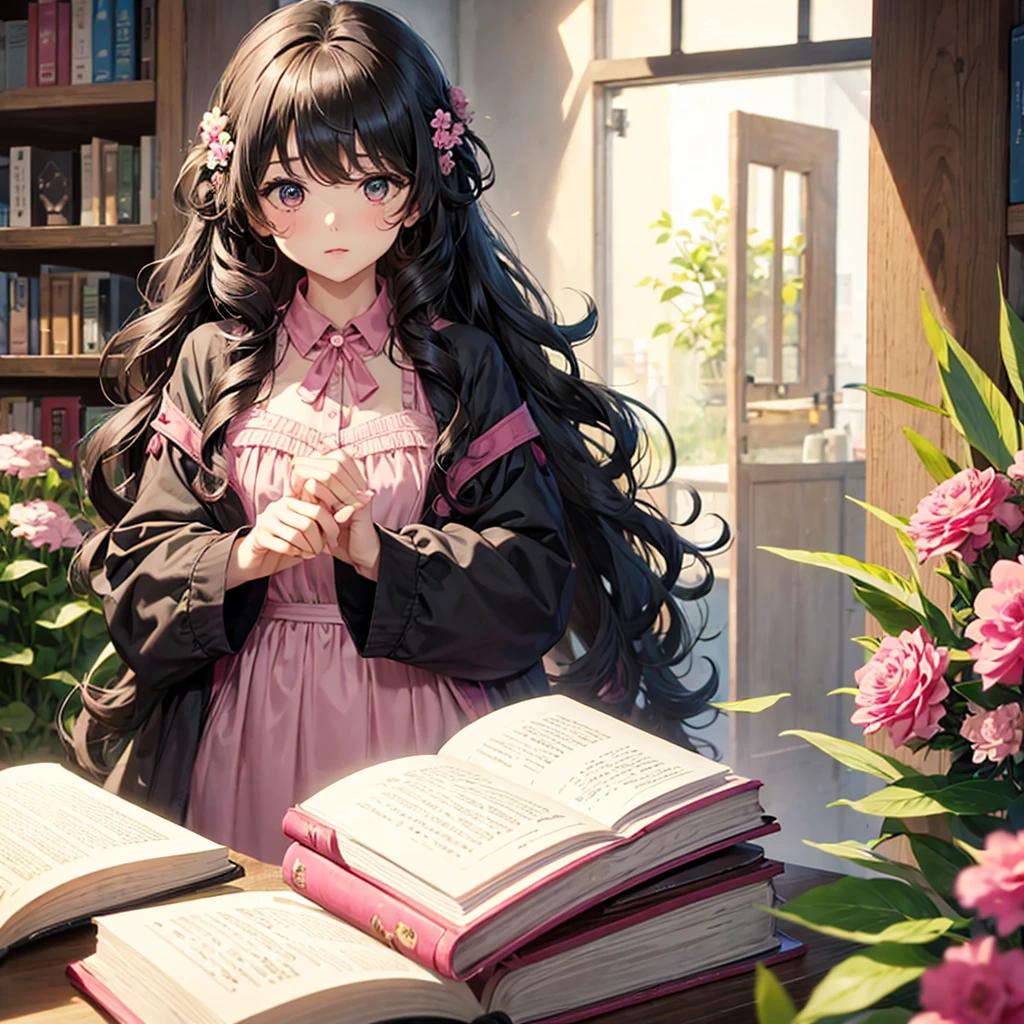 Mädchen, lockiges Haar schwarz, Hintergrund rosa, Bücher, Blumen, Niedlich, 4k, gute Qualität 