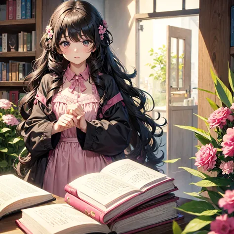 Girl, curly hair black, background pink, books, flowers, cute, 4k, high quality 