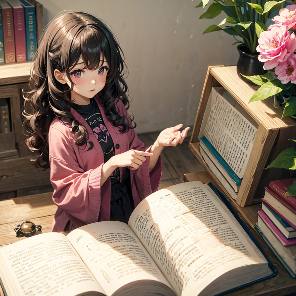 Girl, curly hair black, background pink, books, flowers, cute, 4k, high quality 