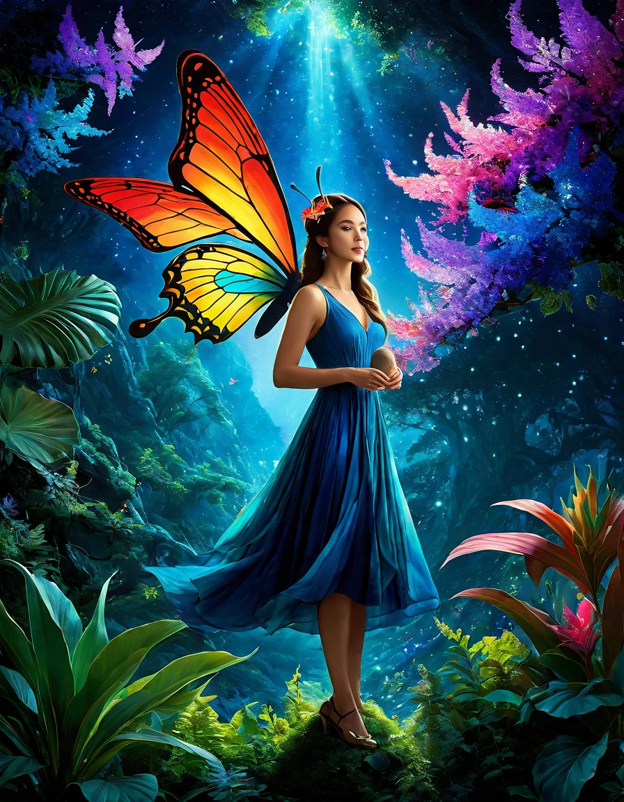 Generate a vivid and intricate illustration resembling the specified image with the prompt "A fantastical scene with a surreal blend of bioluminescent flora and fauna, set against a cosmic backdrop. Envision an otherworldly landscape with a balance of vibrant colors and intricate details. Incorporate a creature resembling a hybrid of a dragon and a butterfly, soaring gracefully amidst ethereal plants. Capture the essence of magic and wonder, with an emphasis on the interplay of light and shadow. Maintain a resolution of 512x696 pixels to ensure clarity and detail. #GAiM550agAAA9CG."