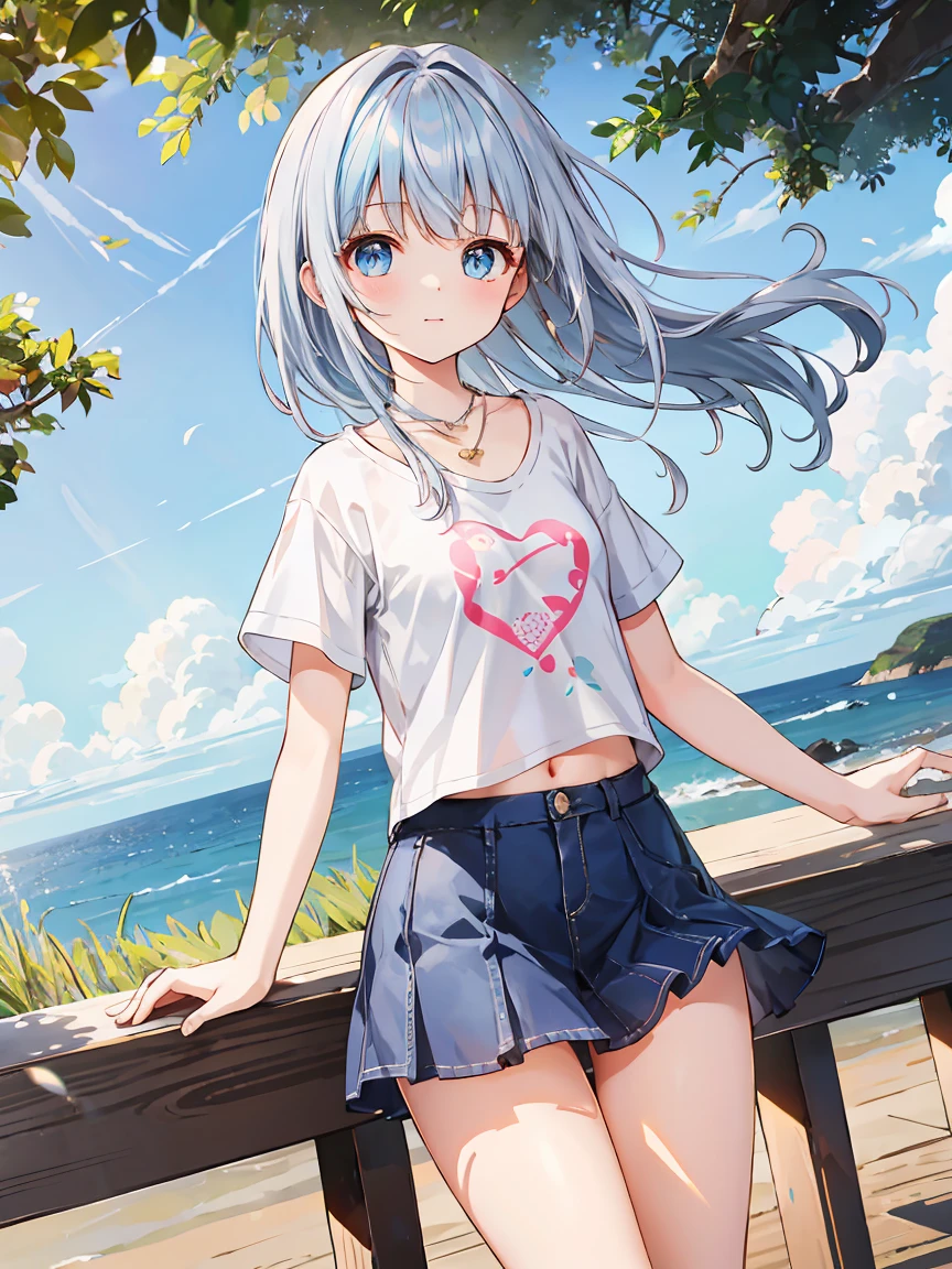 (table top, highest quality:1.2), 1 girl, alone, cute, cute, digital art、Eimei、(length, beautiful, blue hair.flowing in the wind)、T-shirt、mini skirt、Urban hustle and bustle、Arranging a date,daytime, embarrassed look, silver hair(short)、glowing skin、small-faced beauty, heart shaped necklace,low angle lens、perfect composition、Perfect light and shadow delicacy、In 8K