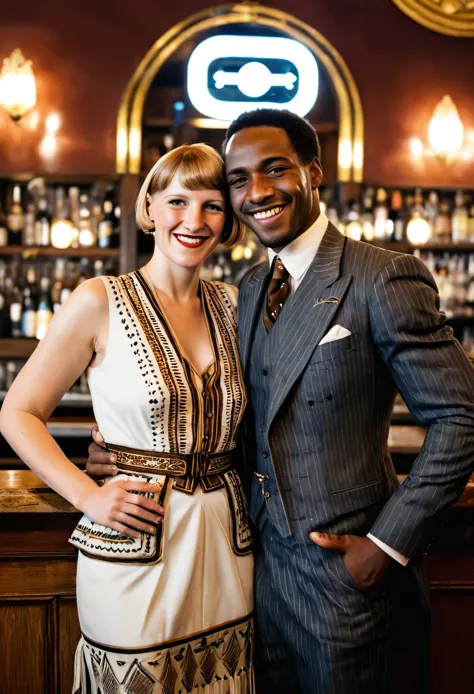 black man dressed in a 1920s style african designed suit and white german woman dressed in 1920s style european attire, both smi...