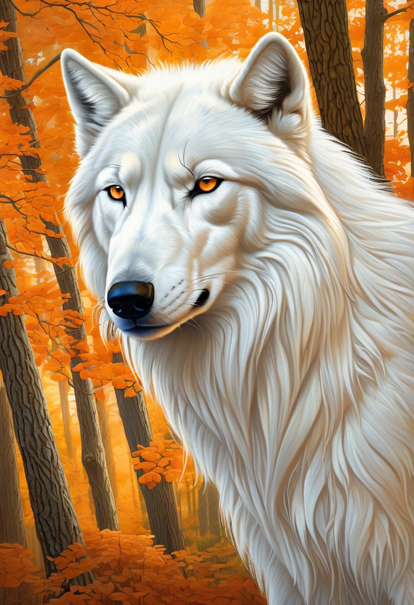 Una pintura digital realista que representa a un majestuoso lobo blanco llamado Button con intrincadas marcas celtas de color naranja en su pelaje., De pie, rodeado de un bosque místico.. Un dibujo de Alex Gray y Julia Bell, Muy detallado y realista, Tomada desde una gran distancia para transmitir la belleza del lobo y su entorno.. Iluminación de estudio para sombras y luces realistas.