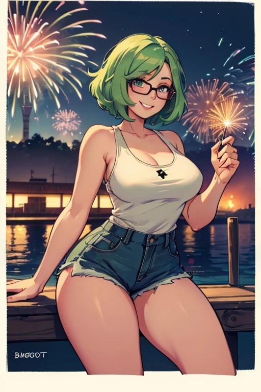 A light green haired woman with violet eyes and an hourglass figure and a pair of glasses in a cute tank top and shorts is watching fireworks on the dock with a big smile.
