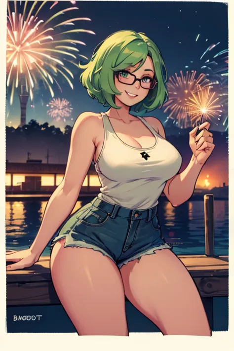 A light green haired woman with violet eyes and an hourglass figure and a pair of glasses in a cute tank top and shorts is watch...