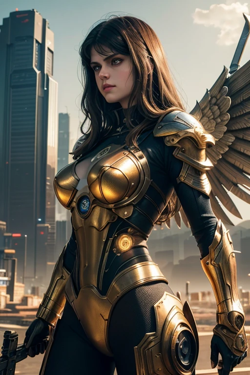 Alexandra Daddario, masterpiece,(bestquality),highlydetailed,ultra-detailed,1girl, strong, powerful, (mechanicalwings:golden,glowingeyes:blue,goldenrarmor:1.2,elongatedears:0.8),(cyberpunkcity:1.5,weapon:energyblade),(fantasylandscape:1.2,natural lighting:1.5,confidentexpression),(panorama:1.2),mecha, smirk,angle,Angels, wings,gold,raw,close up