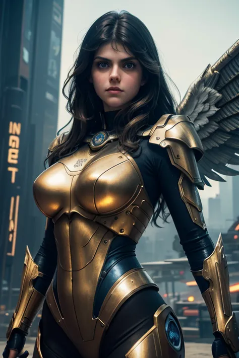 Alexandra Daddario, masterpiece,(bestquality),highlydetailed,ultra-detailed,1girl, strong, powerful, (mechanicalwings:golden,glo...