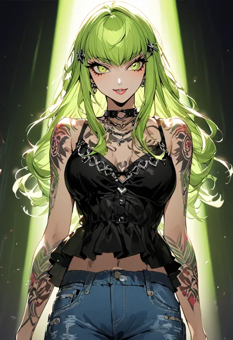 1 girl, holo-punk style, lime green hair, aretes, eyelash, ssmile, beachfront, jewerly, lips, make up, necklase, chemise, shorth...