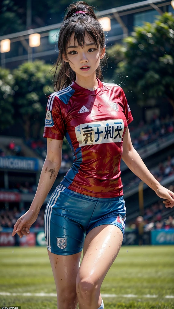 Highest quality, High resolution:1.2, Very detailed, Realistic:1.3, ((Beautiful woman))、((Super tight uniform))、((Super big breasts))、(The abdomen is visible)、Vibrant colors, play soccer,((Blunt bangs))、Various Hair Styles、Different hair colors、With bangs、Wet Hair, concentrate, splash, Action Shots, Grass blotches, Muddy ground, Wet turf, decide, Fast-paced games, Athletic physique, Shiny soccer ball, Wet Uniform, raindrop, Blurred motion, ボールにconcentrateする, Intense competition, Skillful dribbling, Energetic play, Teamwork, powerful shoots, Wet pitch, Passionate sports, Fierce decide, Humid atmosphere, Fluid movement, emotional expression、Dramatic lighting, Women's Sports, Avid athletes, Exciting Games, Endure, Excited state, Speed and agility, Energetic play, 濡れたsplash、smile、Red Uniform